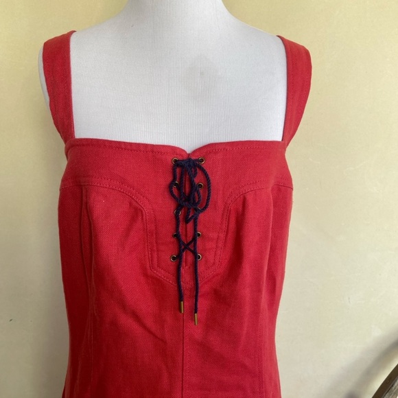 RALPH LAUREN Dress Cranberry Red 100% Linen Pockets Navy Lace-Up Zipper 10 NEW! - Picture 6 of 12
